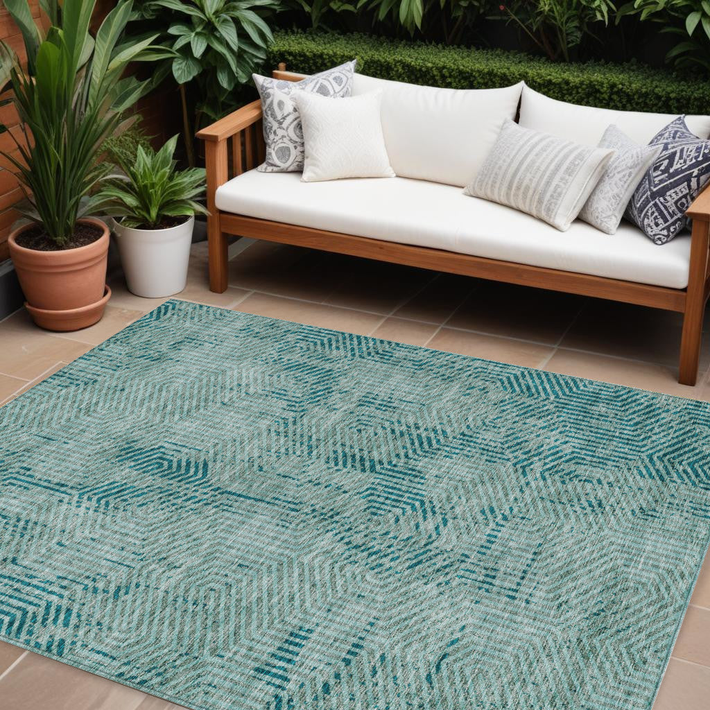Tabselect Home Line 8' X 10' Teal Blue And Gray Geometric Washable Indoor Outdoor Area Rug