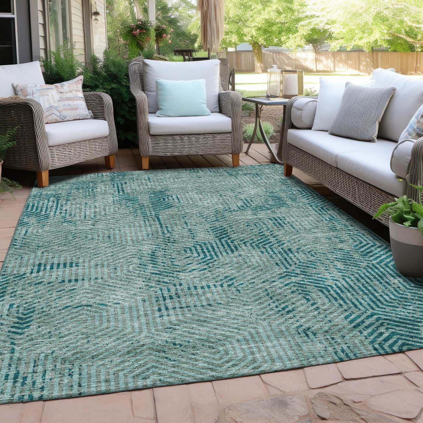 Tabselect Home Line 8' X 10' Teal Blue And Gray Geometric Washable Indoor Outdoor Area Rug