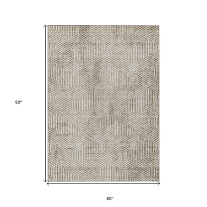 Tabselect Home Line 5' X 8' Taupe And Beige Geometric Washable Indoor Outdoor Area Rug