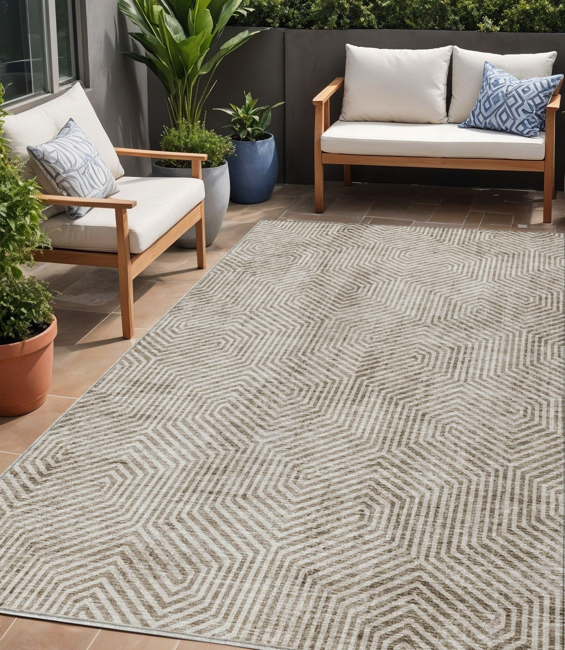 Tabselect Home Line 5' X 8' Taupe And Beige Geometric Washable Indoor Outdoor Area Rug