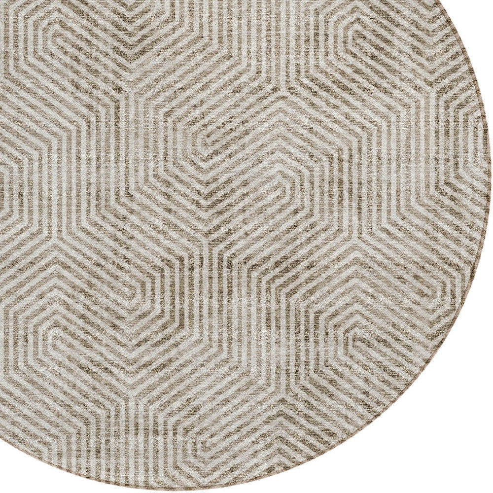 Tabselect Home Line 8' Taupe And Beige Round Geometric Washable Indoor Outdoor Area Rug