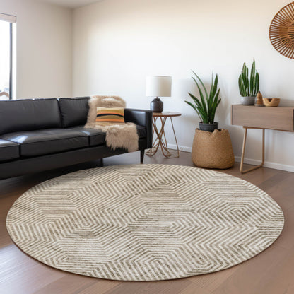 Tabselect Home Line 8' Taupe And Beige Round Geometric Washable Indoor Outdoor Area Rug