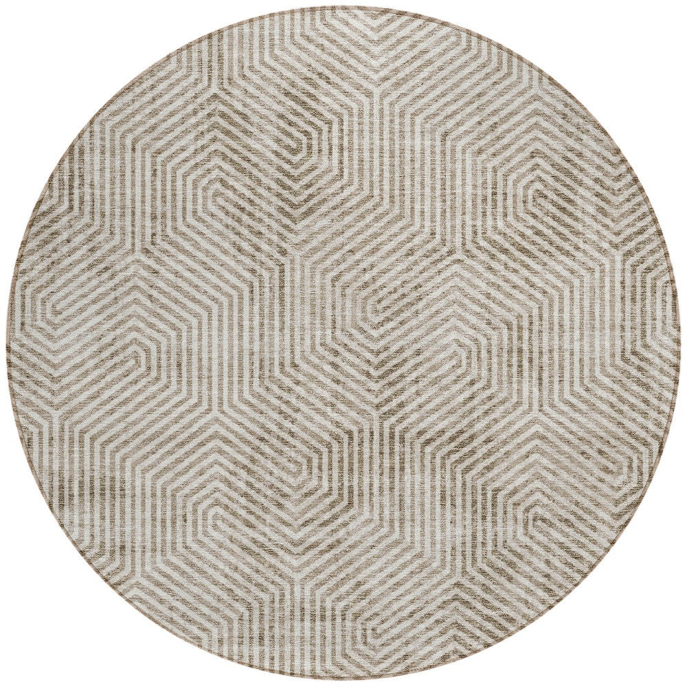 Tabselect Home Line 8' Taupe And Beige Round Geometric Washable Indoor Outdoor Area Rug