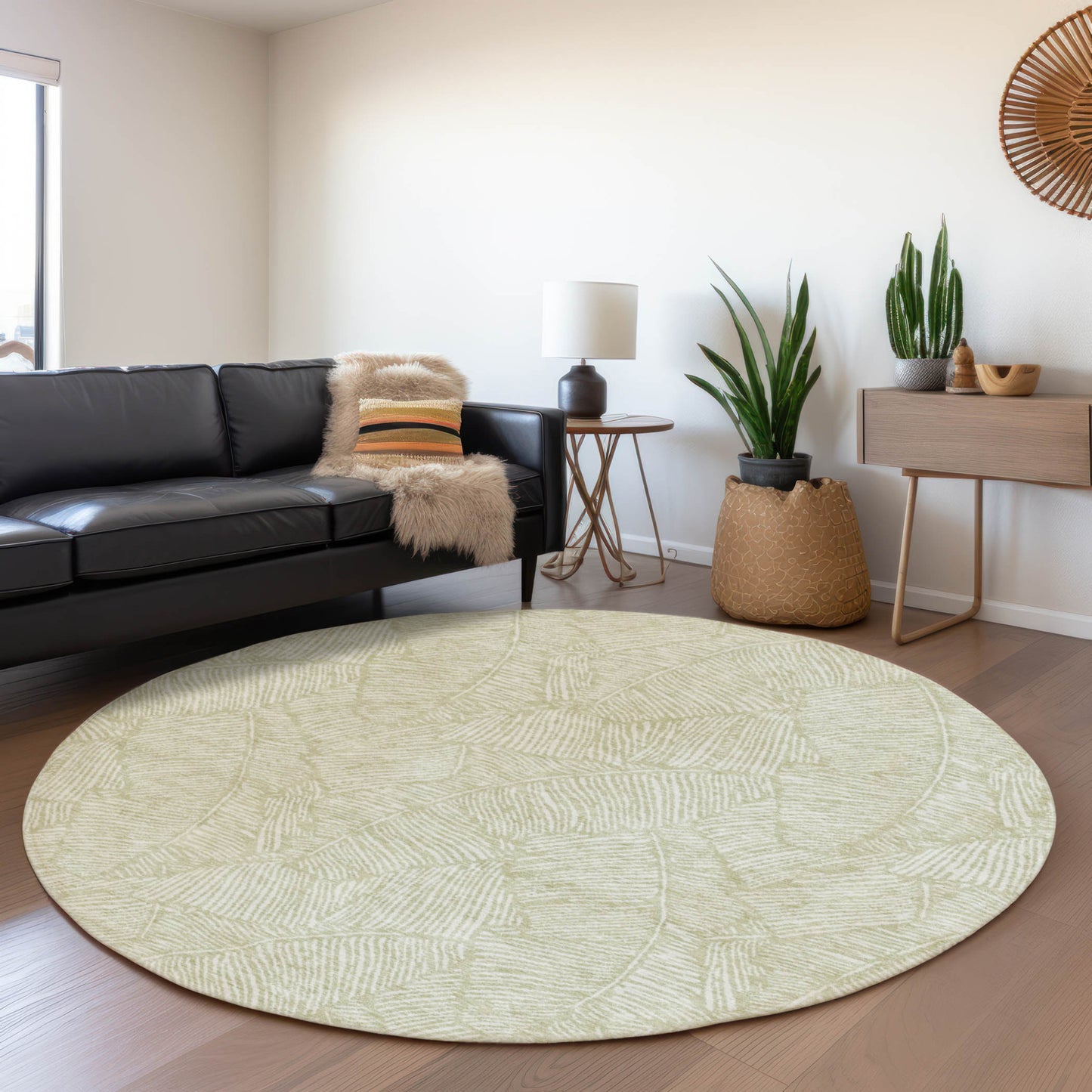Tabselect Home Line 8' Artichoke Green And Ivory Round Floral Washable Indoor Outdoor Area Rug