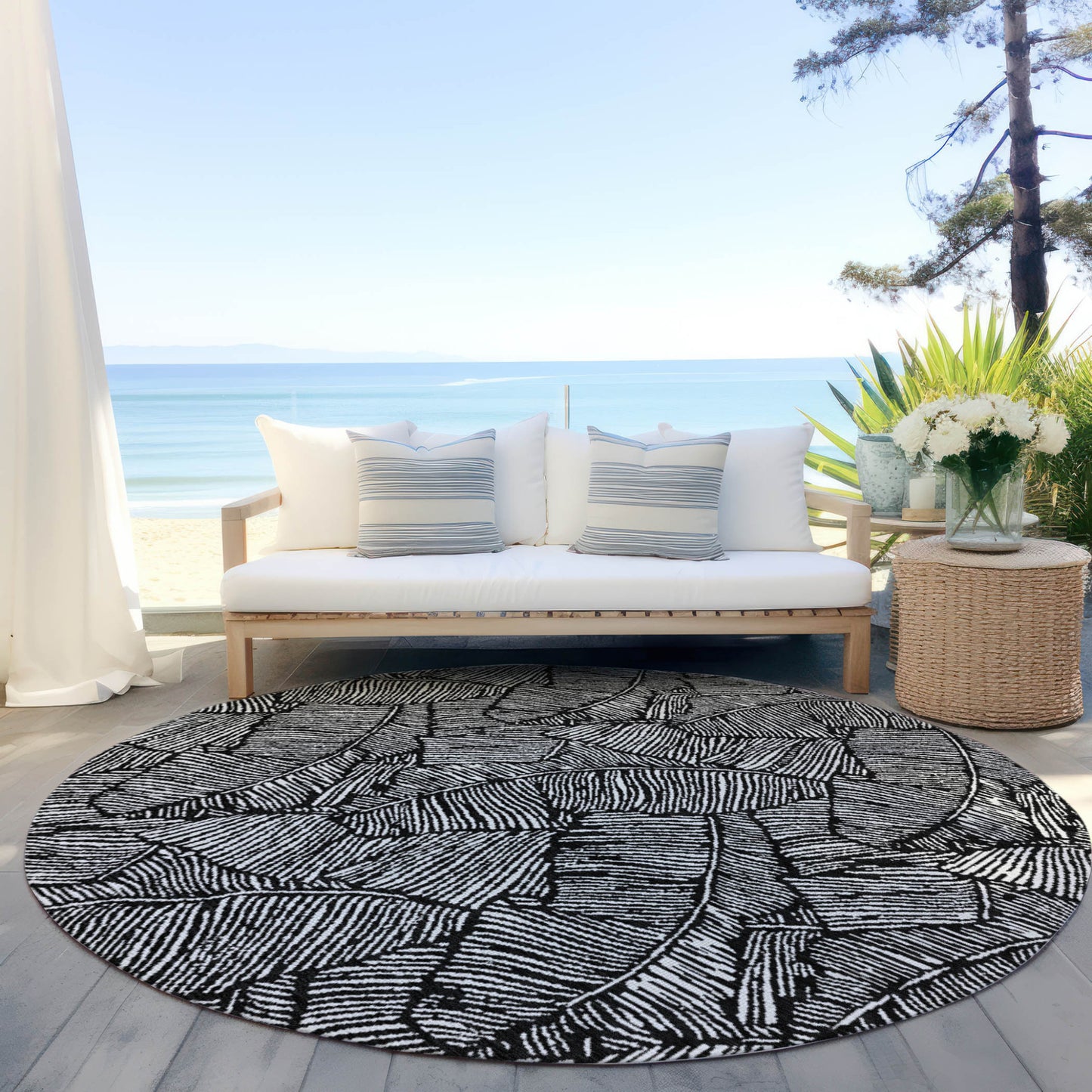 Tabselect Home Line 8' Black And Ivory Round Floral Washable Indoor Outdoor Area Rug