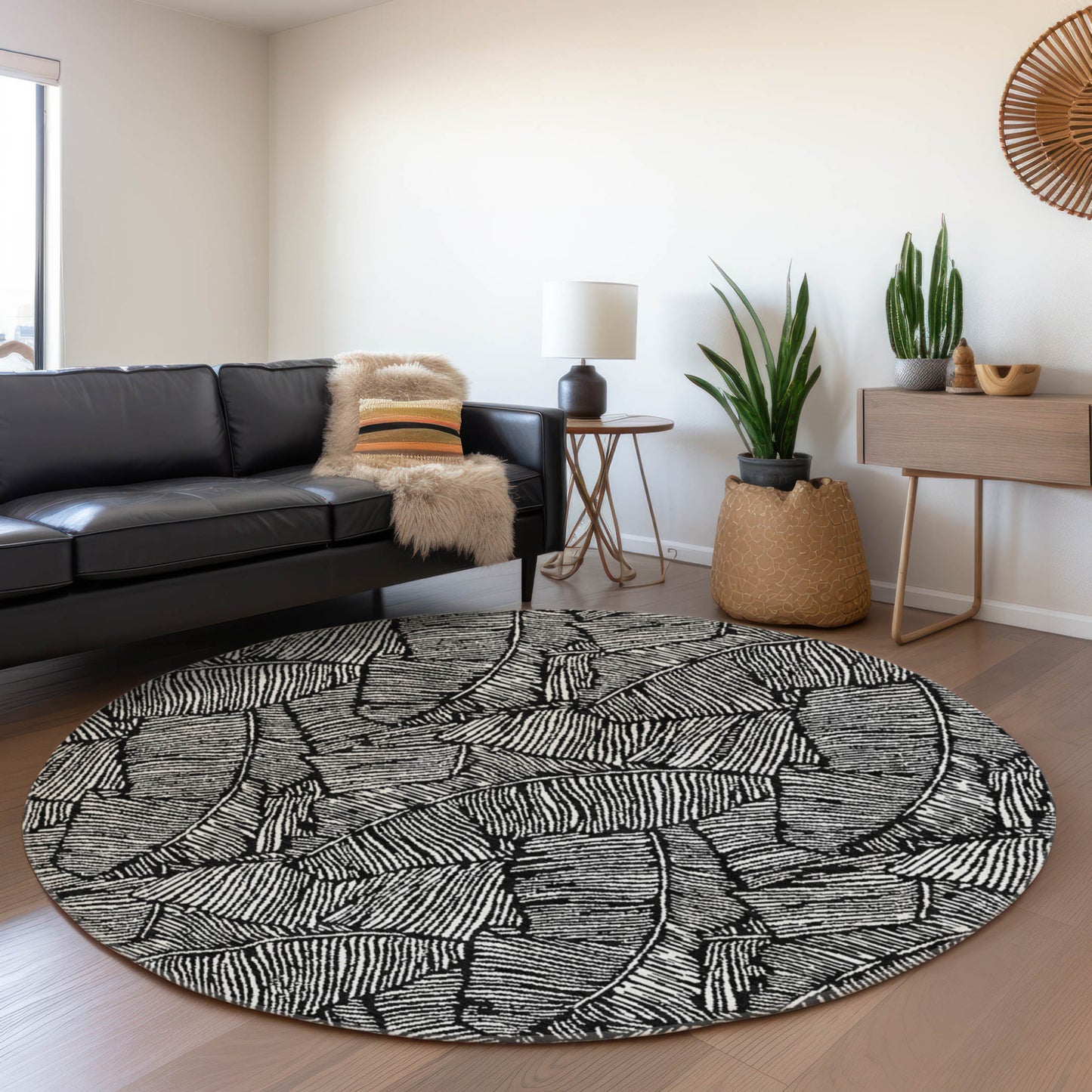 Tabselect Home Line 8' Black And Ivory Round Floral Washable Indoor Outdoor Area Rug