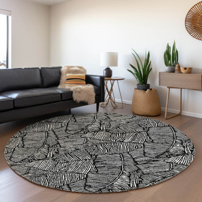 Tabselect Home Line 8' Black And Ivory Round Floral Washable Indoor Outdoor Area Rug