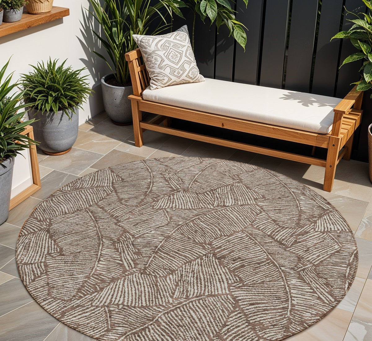 Tabselect Home Line 8' Brown And Beige Round Floral Washable Indoor Outdoor Area Rug