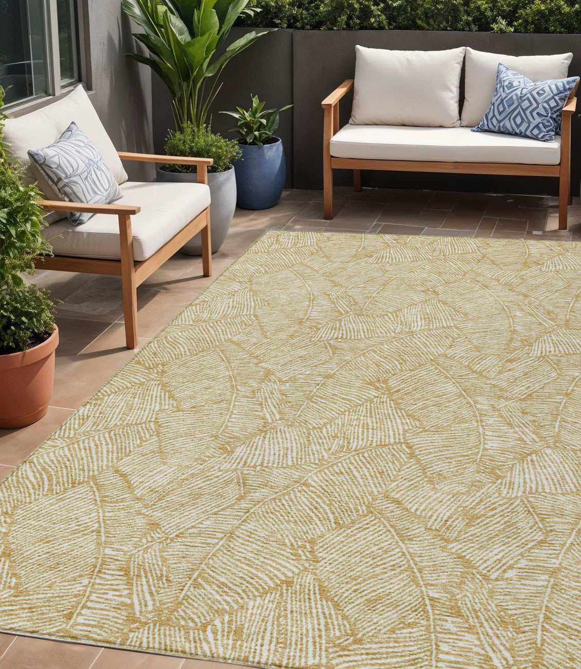Tabselect Home Line 5' X 8' Gold And Beige Floral Washable Indoor Outdoor Area Rug