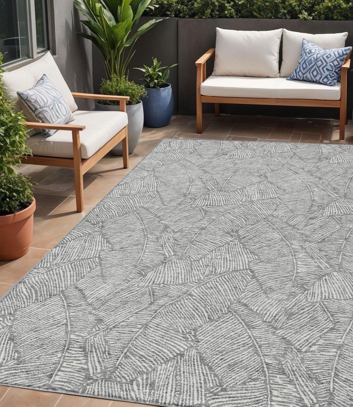 Tabselect Home Line 5' X 8' Gray And Ivory Floral Washable Indoor Outdoor Area Rug
