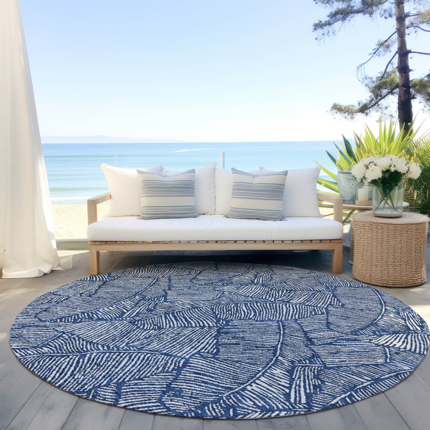 Tabselect Home Line 8' Navy Blue And Ivory Round Floral Washable Indoor Outdoor Area Rug
