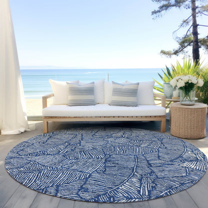 Tabselect Home Line 8' Navy Blue And Ivory Round Floral Washable Indoor Outdoor Area Rug