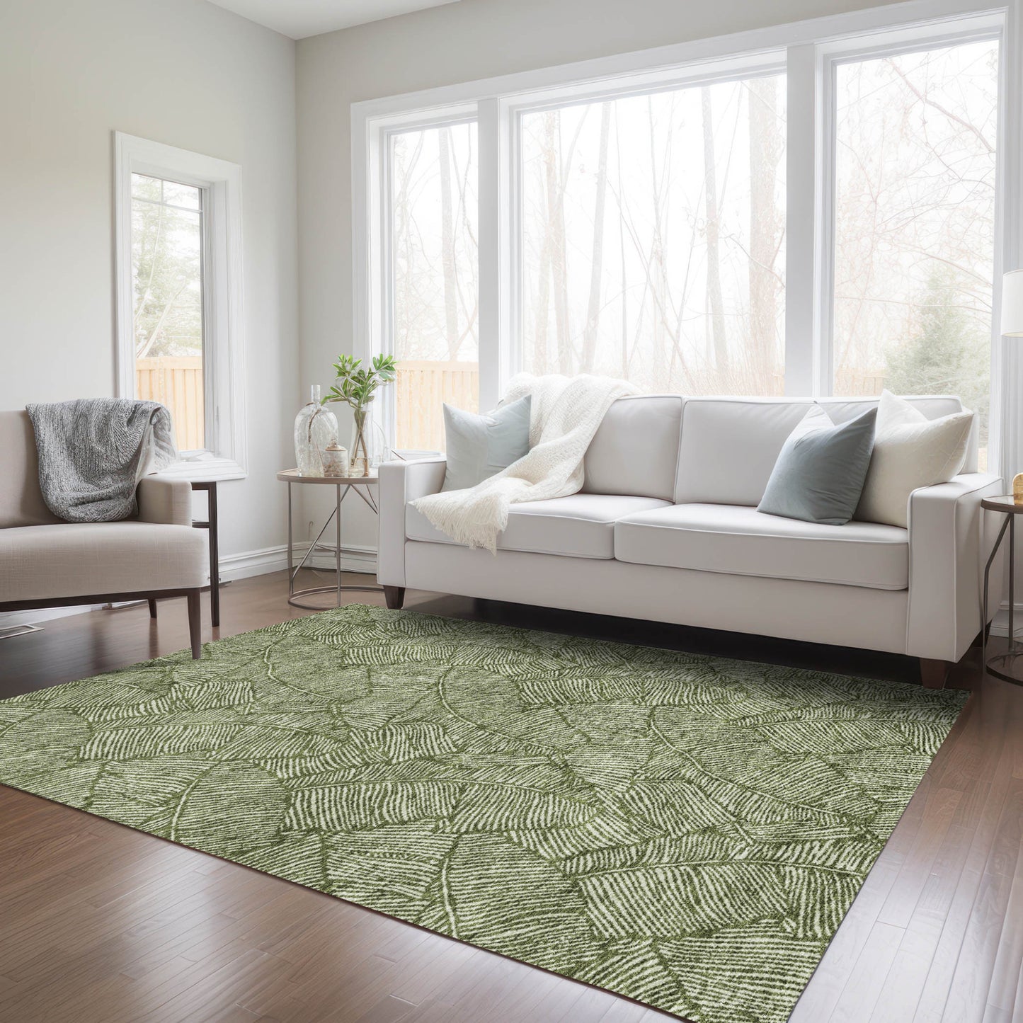 Tabselect Home Line 5' X 8' Olive Green And Light Green Floral Washable Indoor Outdoor Area Rug