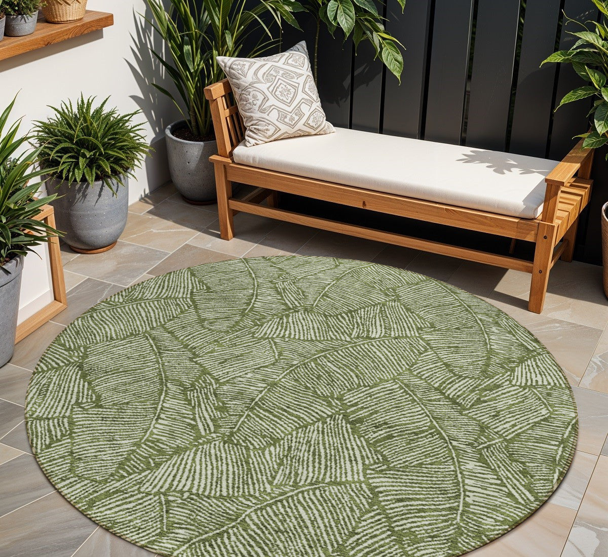 Tabselect Home Line 8' Olive Green And Light Green Round Floral Washable Indoor Outdoor Area Rug