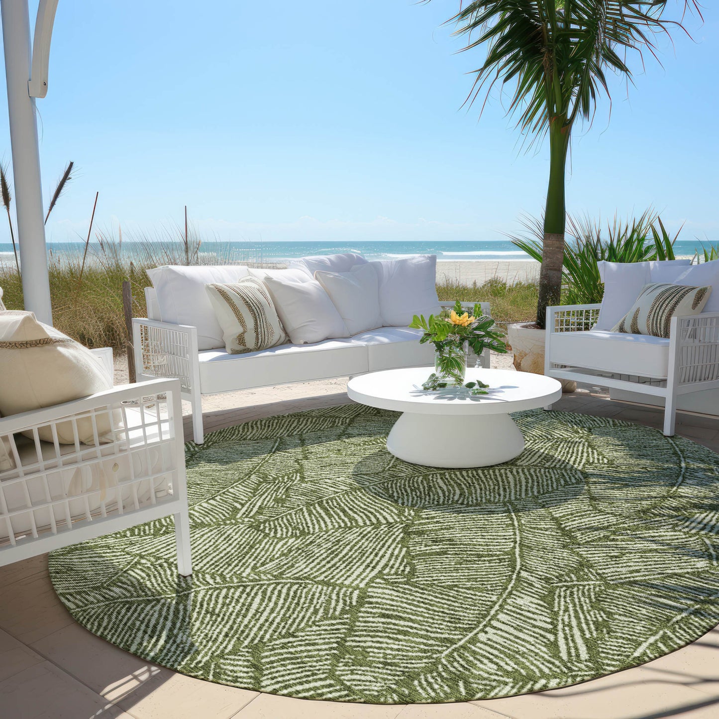 Tabselect Home Line 8' Olive Green And Light Green Round Floral Washable Indoor Outdoor Area Rug