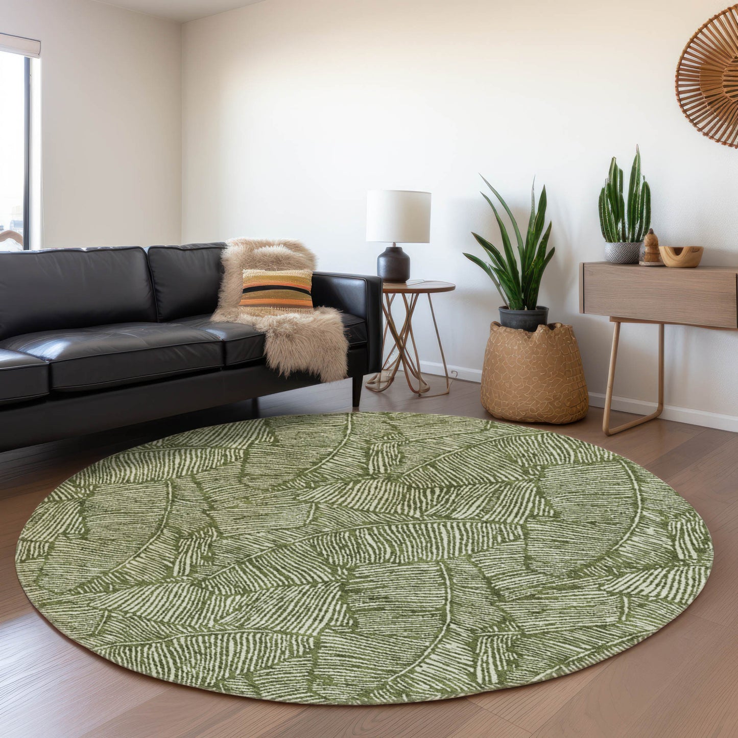 Tabselect Home Line 8' Olive Green And Light Green Round Floral Washable Indoor Outdoor Area Rug