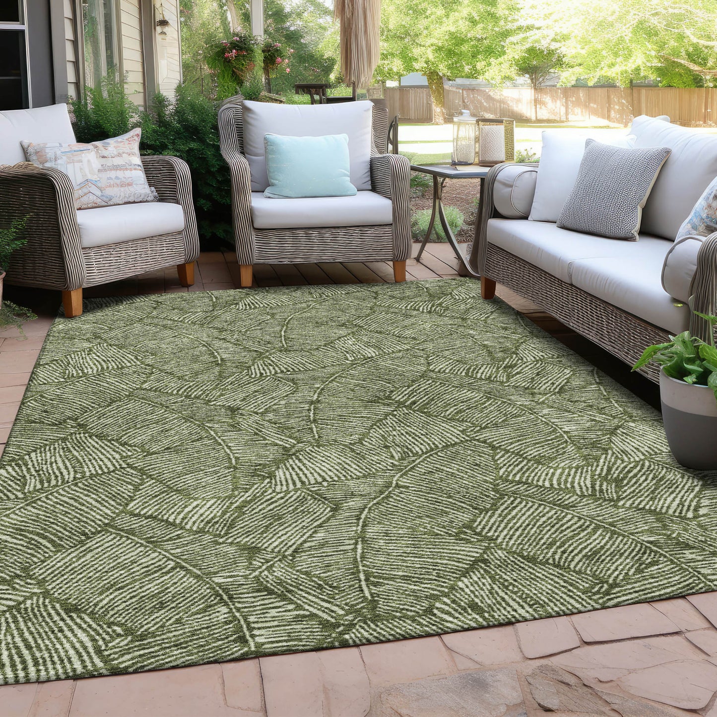 Tabselect Home Line 8' X 10' Olive Green And Light Green Floral Washable Indoor Outdoor Area Rug