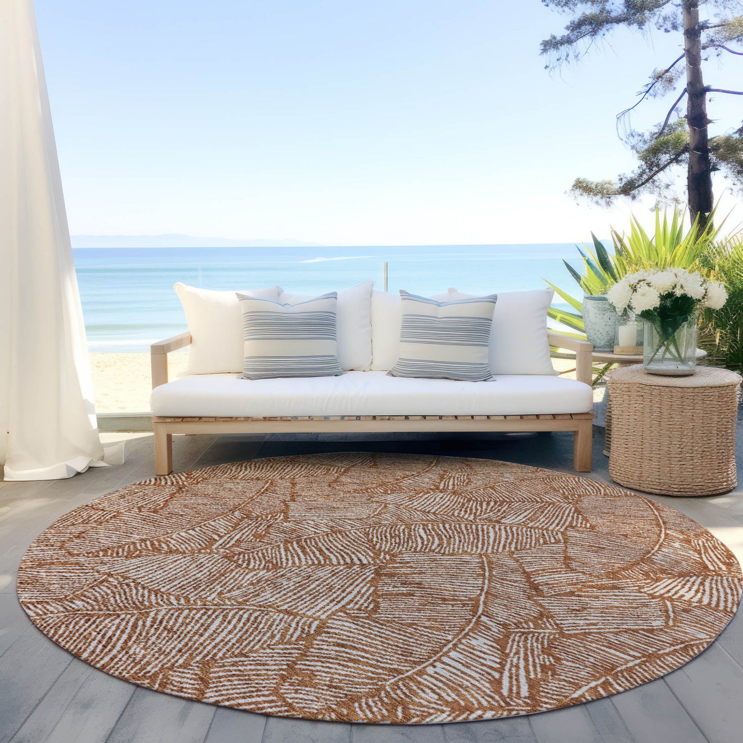 Tabselect Home Line 8' Copper And Beige Round Floral Washable Indoor Outdoor Area Rug