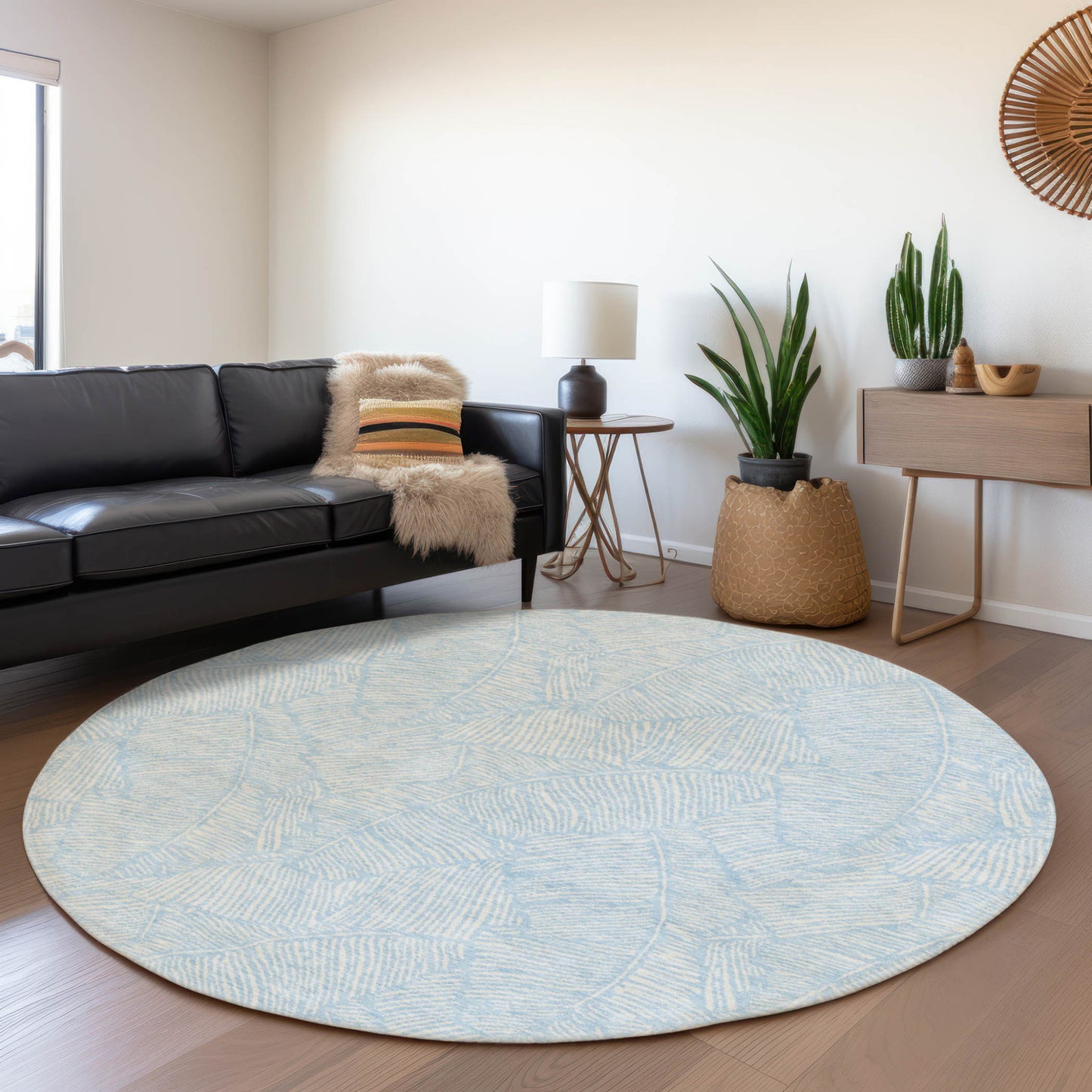 Tabselect Home Line 8' Sky Blue And Ivory Round Floral Washable Indoor Outdoor Area Rug