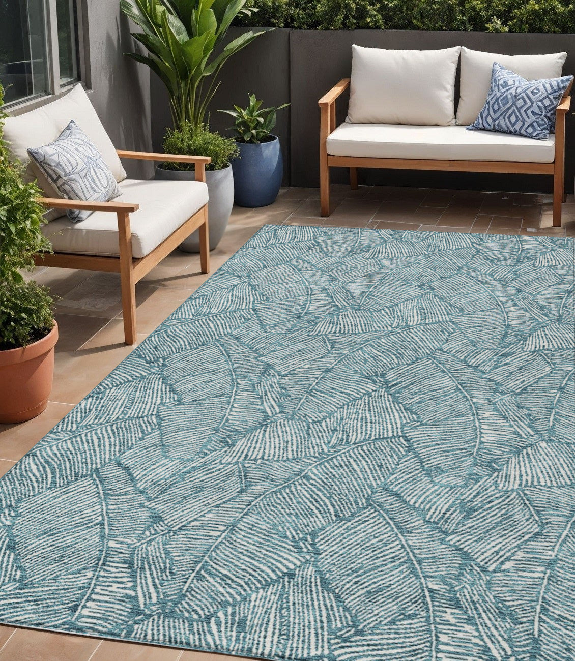Tabselect Home Line 5' X 8' Teal Blue And Ivory Floral Washable Indoor Outdoor Area Rug