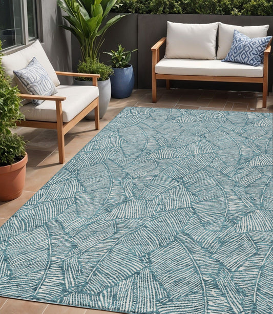 Tabselect Home Line 5' X 8' Teal Blue And Ivory Floral Washable Indoor Outdoor Area Rug