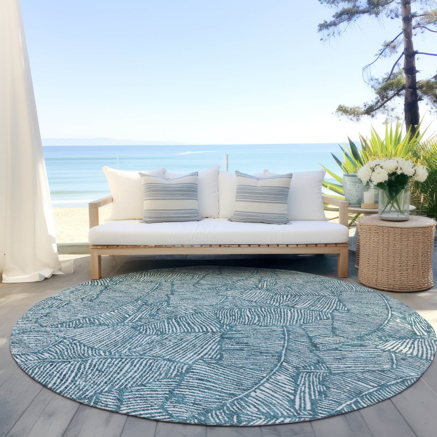 Tabselect Home Line 8' Teal Blue And Ivory Round Floral Washable Indoor Outdoor Area Rug