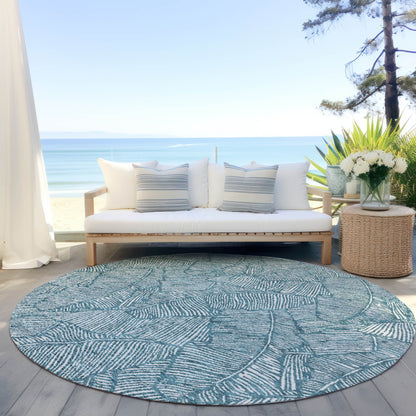 Tabselect Home Line 8' Teal Blue And Ivory Round Floral Washable Indoor Outdoor Area Rug