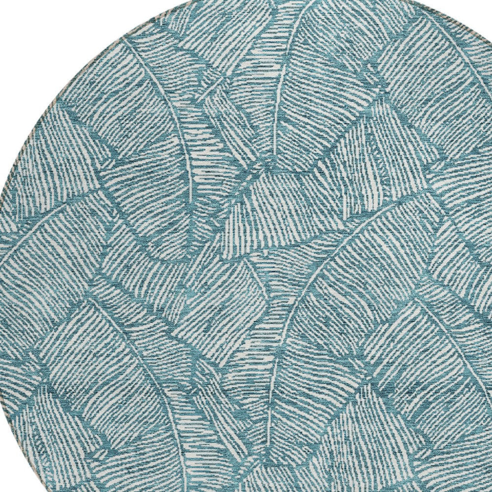 Tabselect Home Line 8' Teal Blue And Ivory Round Floral Washable Indoor Outdoor Area Rug