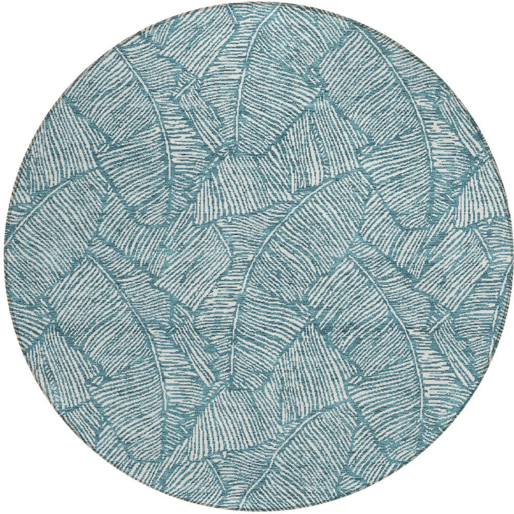 Tabselect Home Line 8' Teal Blue And Ivory Round Floral Washable Indoor Outdoor Area Rug