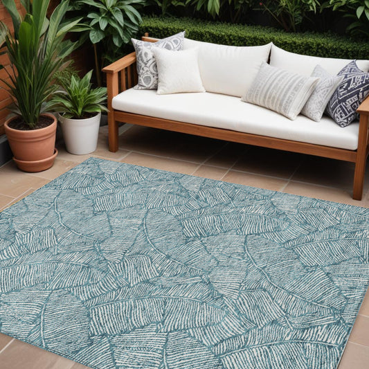 Tabselect Home Line 8' X 10' Teal Blue And Ivory Floral Washable Indoor Outdoor Area Rug