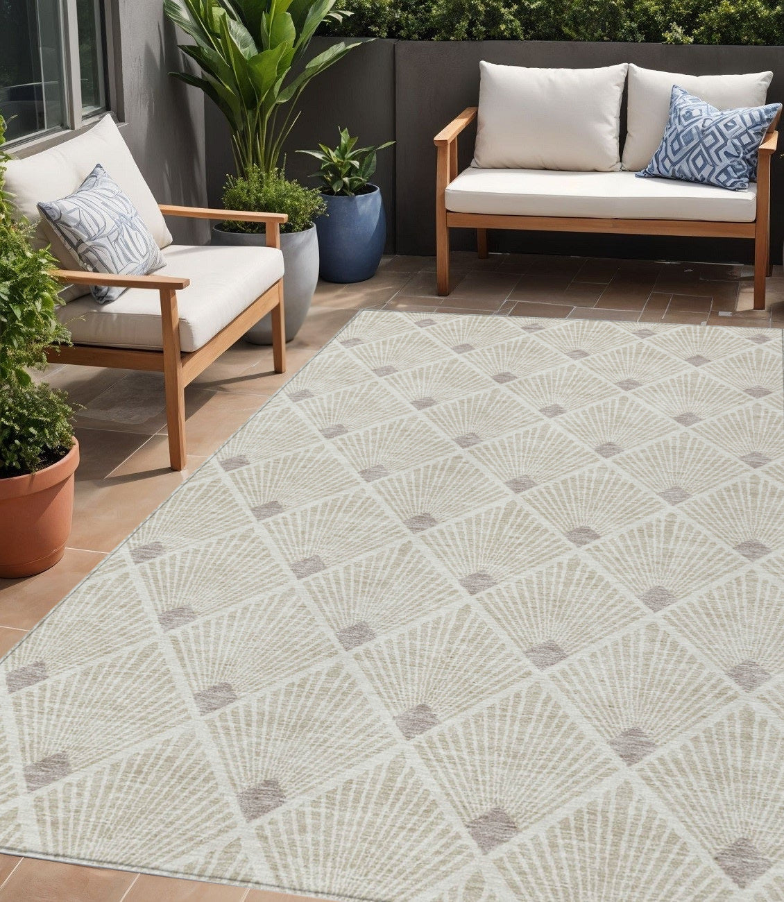 Tabselect Home Line 5' X 8' Beige And Ivory Geometric Washable Indoor Outdoor Area Rug