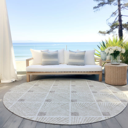 Tabselect Home Line 8' Beige And Ivory Round Geometric Washable Indoor Outdoor Area Rug