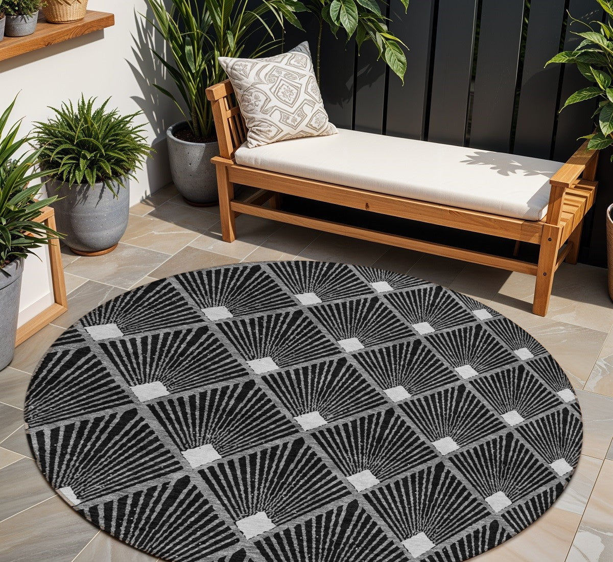 Tabselect Home Line 8' Black Gray And Ivory Round Geometric Washable Indoor Outdoor Area Rug