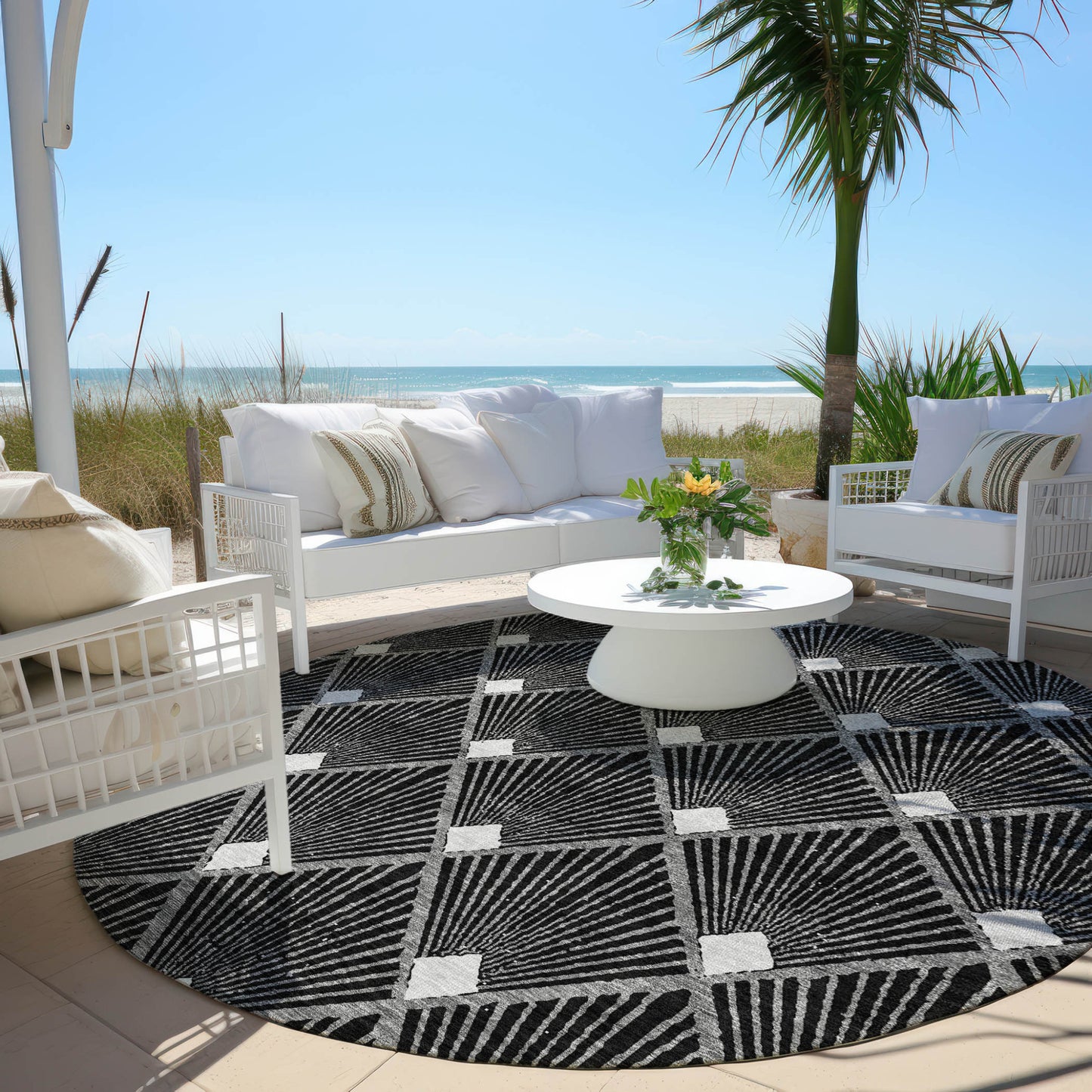 Tabselect Home Line 8' Black Gray And Ivory Round Geometric Washable Indoor Outdoor Area Rug