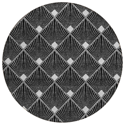 Tabselect Home Line 8' Black Gray And Ivory Round Geometric Washable Indoor Outdoor Area Rug