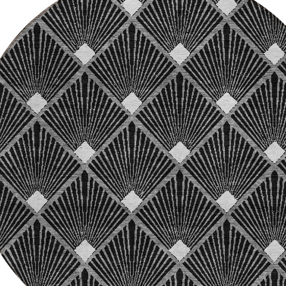 Tabselect Home Line 8' Black Gray And Ivory Round Geometric Washable Indoor Outdoor Area Rug