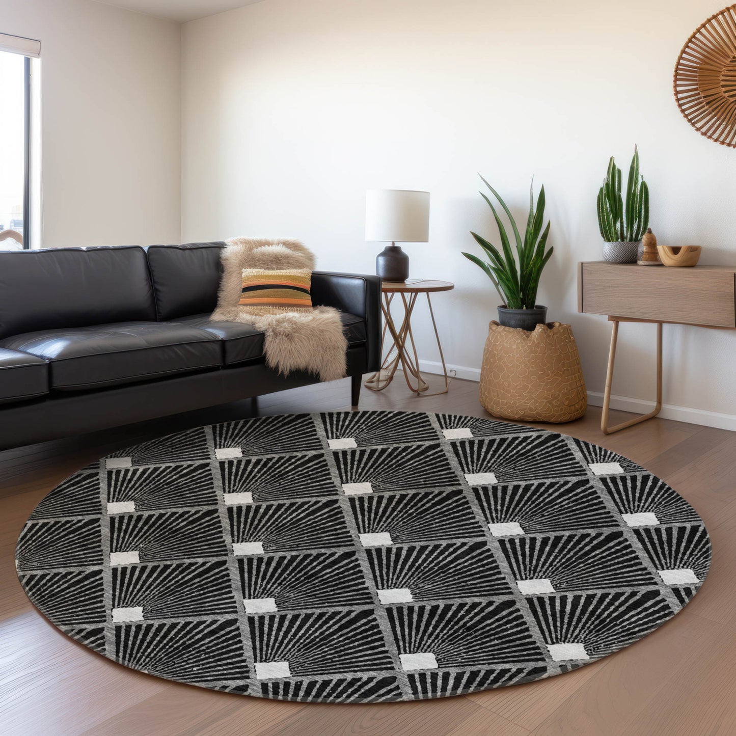 Tabselect Home Line 8' Black Gray And Ivory Round Geometric Washable Indoor Outdoor Area Rug