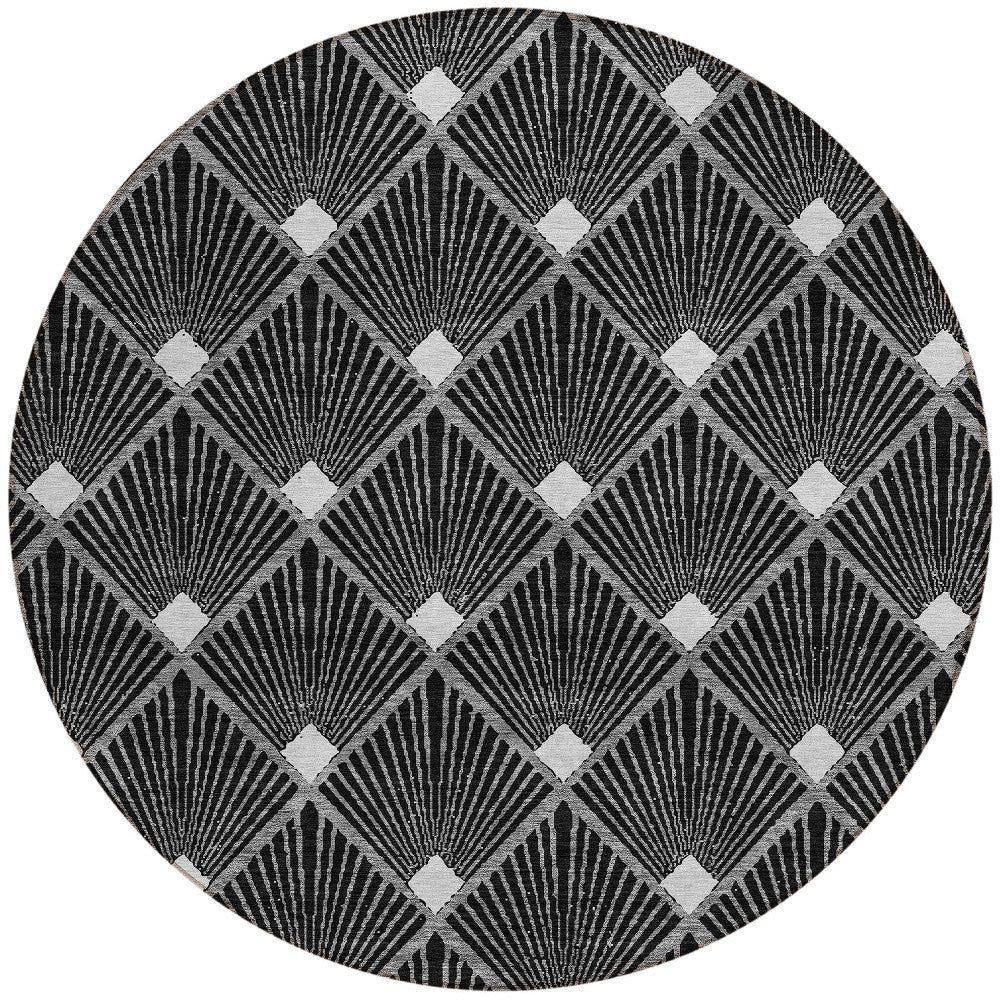 Tabselect Home Line 8' Black Gray And Ivory Round Geometric Washable Indoor Outdoor Area Rug