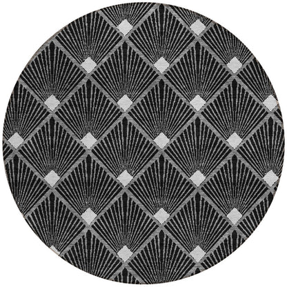 Tabselect Home Line 8' Black Gray And Ivory Round Geometric Washable Indoor Outdoor Area Rug