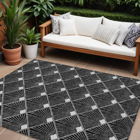 Tabselect Home Line 8' X 10' Black Gray And Ivory Geometric Washable Indoor Outdoor Area Rug