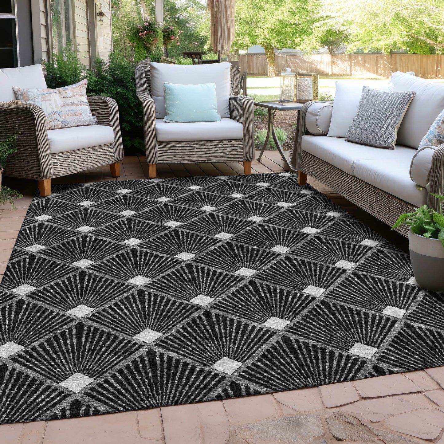 Tabselect Home Line 8' X 10' Black Gray And Ivory Geometric Washable Indoor Outdoor Area Rug