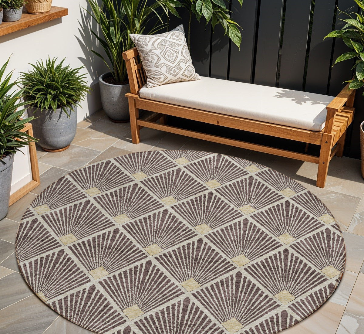 Tabselect Home Line 8' Brown And Beige Round Geometric Washable Indoor Outdoor Area Rug