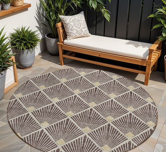 Tabselect Home Line 8' Brown And Beige Round Geometric Washable Indoor Outdoor Area Rug