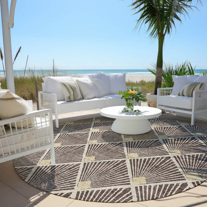 Tabselect Home Line 8' Brown And Beige Round Geometric Washable Indoor Outdoor Area Rug