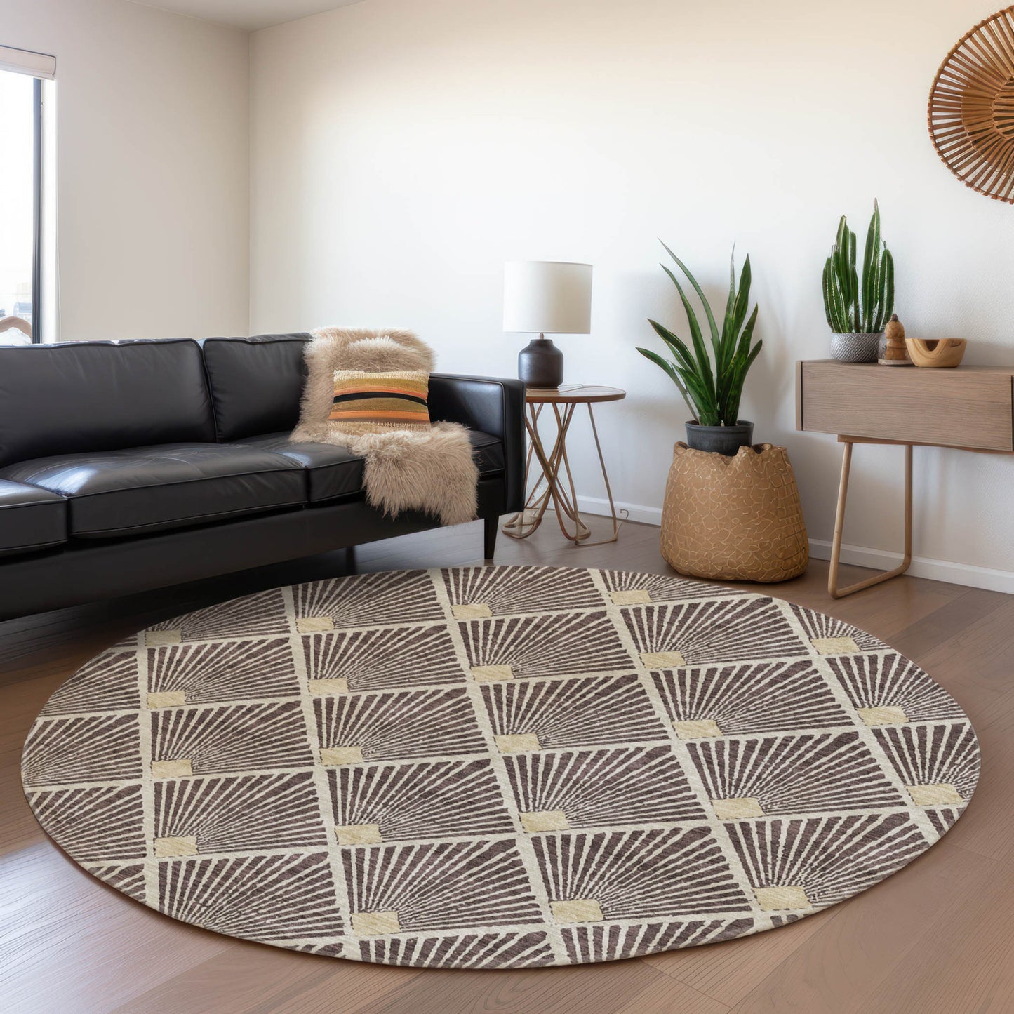 Tabselect Home Line 8' Brown And Beige Round Geometric Washable Indoor Outdoor Area Rug