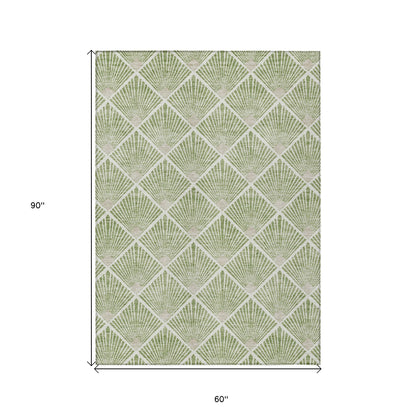 Tabselect Home Line 5' X 8' Green Beige And Ivory Geometric Washable Indoor Outdoor Area Rug