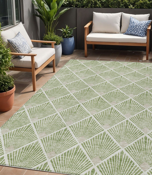 Tabselect Home Line 5' X 8' Green Beige And Ivory Geometric Washable Indoor Outdoor Area Rug