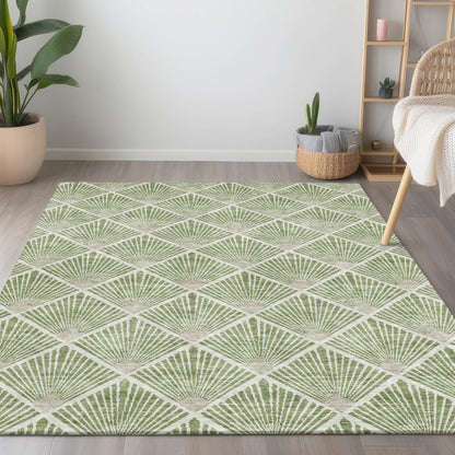 Tabselect Home Line 5' X 8' Green Beige And Ivory Geometric Washable Indoor Outdoor Area Rug