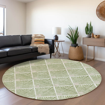 Tabselect Home Line 8' Green Beige And Ivory Round Geometric Washable Indoor Outdoor Area Rug