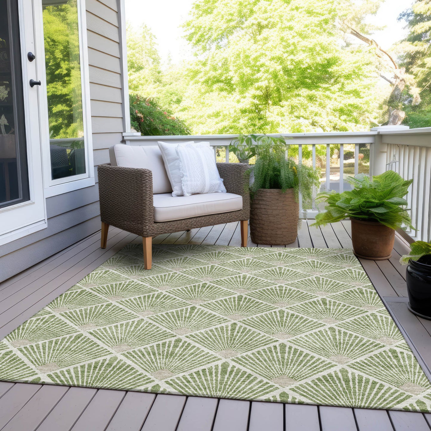 Tabselect Home Line 8' X 10' Green Beige And Ivory Geometric Washable Indoor Outdoor Area Rug